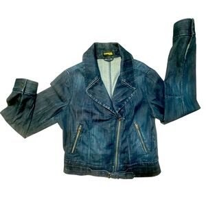 Express Jeans Dark Wash Denim Moto Jacket Women’s Size L Stretch Zip Up